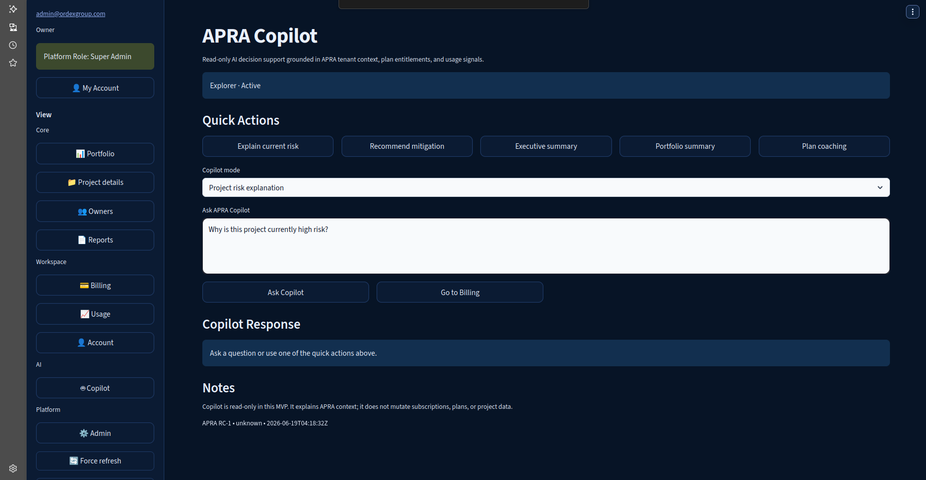 APRA Copilot AI assistant screen