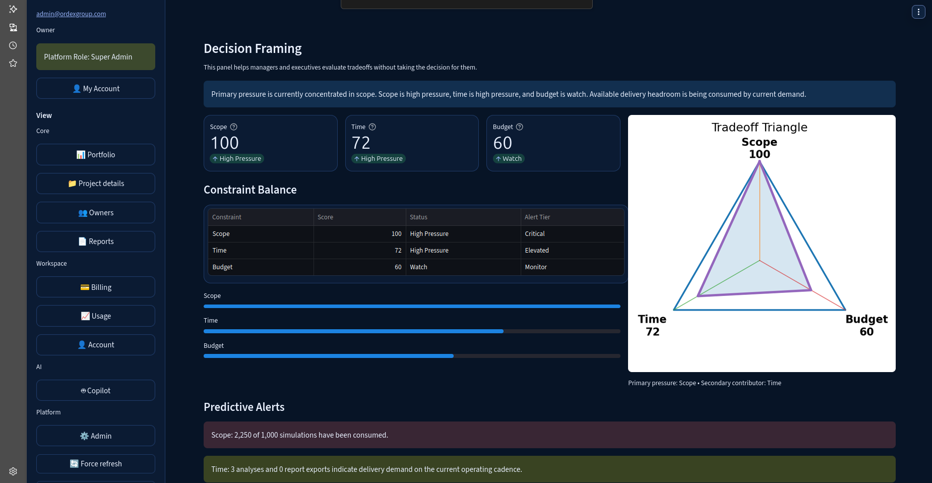 APRA decision intelligence screen with tradeoff and radar analysis