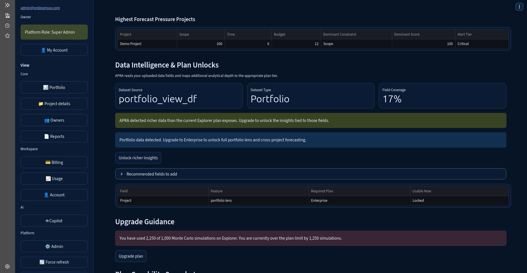 APRA portfolio intelligence and executive reporting screen